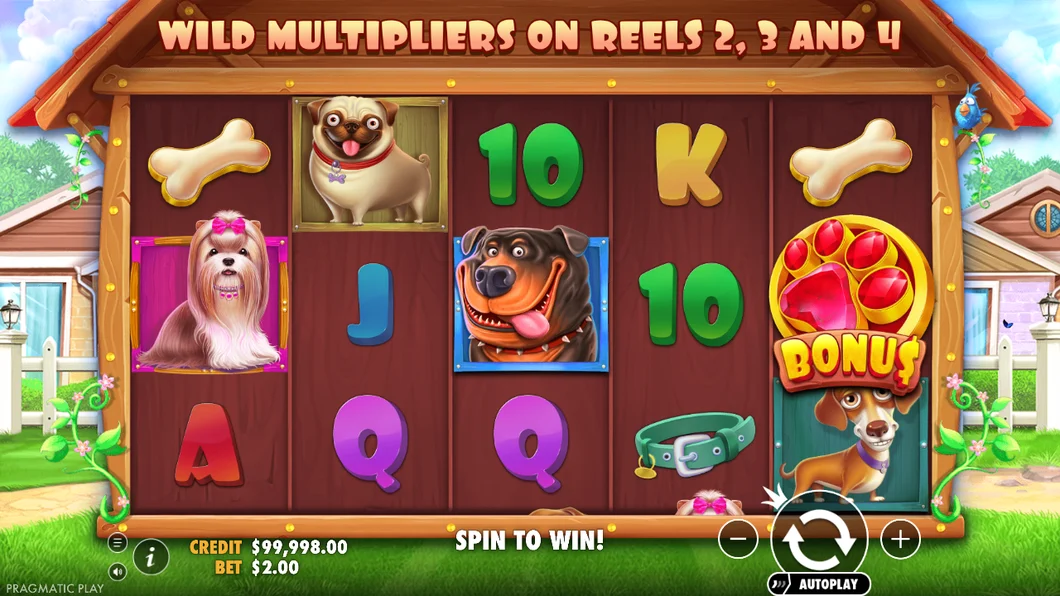 The Dog House by Pragmatic Play in demo mode, with wild multipliers on reels 2, 3 and 4